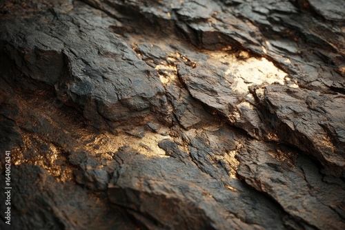 Close-up view of dark, textured rock face with golden highlights