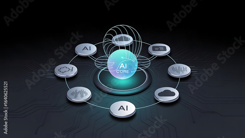 AI Core Conceptual Technology Illustration Showcasing Foundational Artificial Intelligence Principles, Neural Network Architecture, Data Processing Pipelines, Machine Learning Algorithms