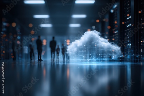 IT professionals collaborate on cloud migration project in data center with advanced technology and digital cloud representation