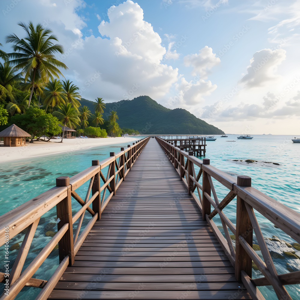 Obraz premium Wooden pier or bridge with tropical beach and sea in paradise island