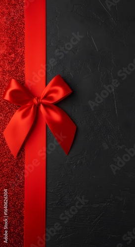 a red satin ribbon and bow, gift card wishes merry christmas background with red ribbon bow on black shiny vibrant color texture template with blank copy space, Decorative black bow with price tag. 
