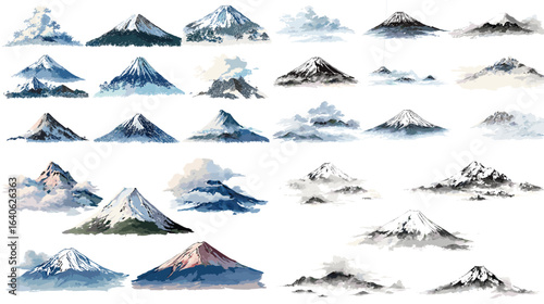 Artistic watercolor and ink illustrations of Mount Fuji, Japanese mountain landscapes with snow peaks and scenic horizon views.