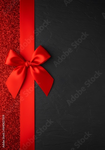 red ribbon bow on black shiny vibrant color texture template, blank copy space, a red satin ribbon and bow, wallpaper  Decorative black bow with price tag. gift card wishes merry christmas background,