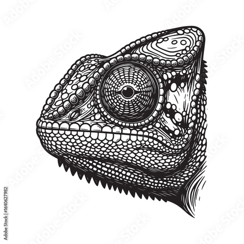 black and white illustration of a chameleon's head, artistic design