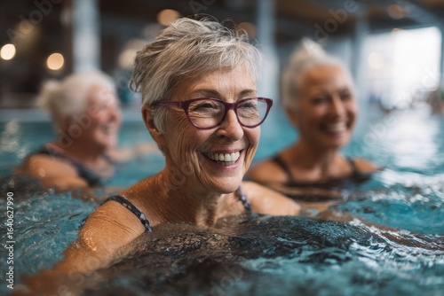 Active senior women participate in aqua fit class, showcasing joy and fitness in a lively pool setting