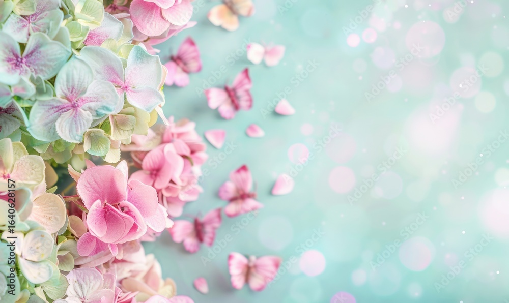 Fototapeta premium Gentle hydrangea blooms and butterfly accents on a dreamy blue background