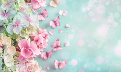 Gentle hydrangea blooms and butterfly accents on a dreamy blue background