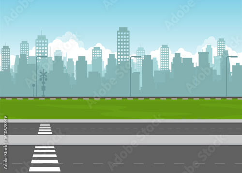 City highway with pedestrian crossing and railway tracks. Urban city panorama skyscrapers skyline cityscape background flat horizontal banner stock illustration