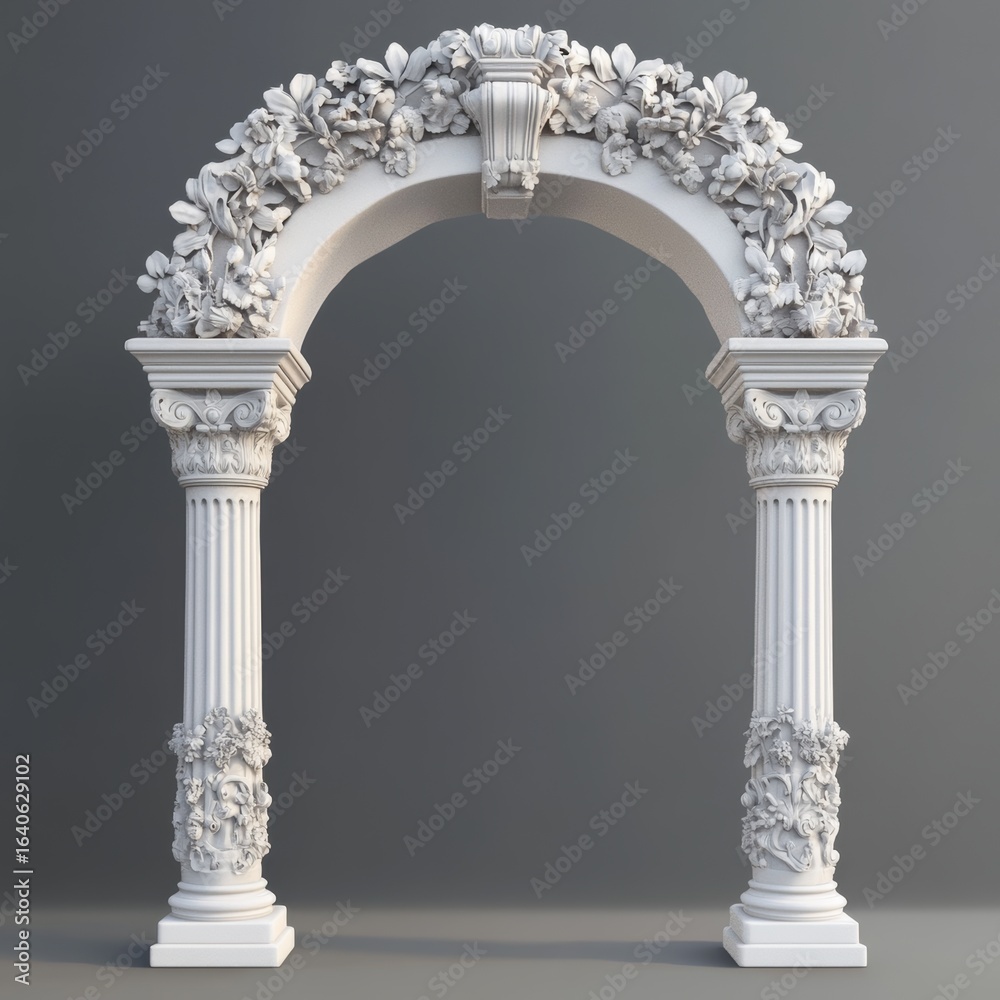 Naklejka premium Old Roman arch made from white clay with fancy designs. A 3D picture shows Greek stone pillars like those used for temple doors or windows. It's an old-fashioned, classic arch. 