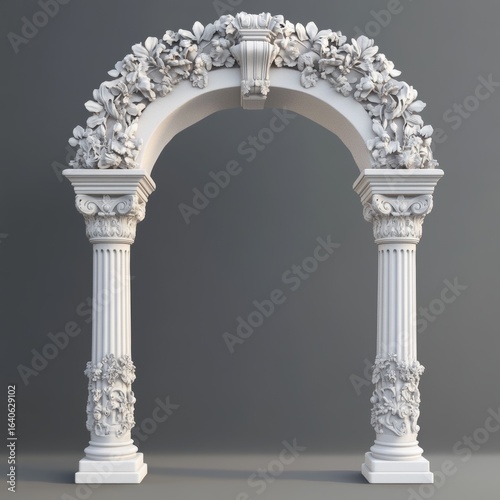 Old Roman arch made from white clay with fancy designs. A 3D picture shows Greek stone pillars like those used for temple doors or windows. It's an old-fashioned, classic arch.
