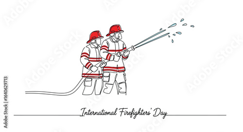 Vector illustration of two firefighters spraying water with a hose, isolated on white background
