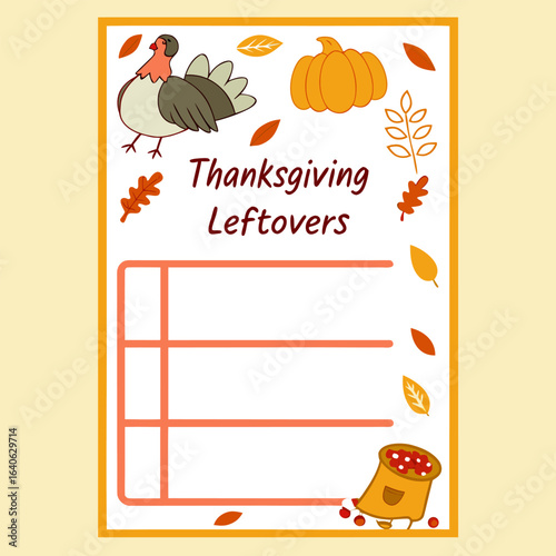 Cute thanksgiving leftovers tracker sheet with a turkey pumpkin and autumn leaves for meal planning and organization