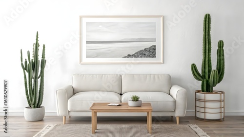 Modern Living Room with White Sofa, Cacti, and Beach-Themed Artwork for Home Inspiration