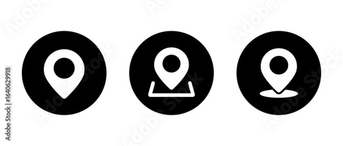 Map marker and position icon set. Location and navigation element symbol in black circle
