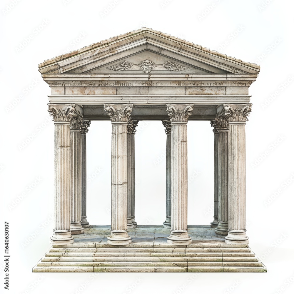 Obraz premium Old temple with four pillars, shown alone on a white background. [a886bbe5-d9bf-4d85-bba2-eb5178586801] --v 6.1 Job ID: 65ce722b-e646-461b-94e2-a14ab894269f