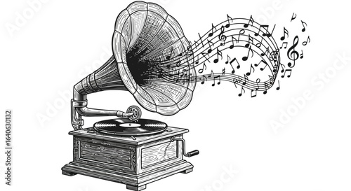 Vector illustration of vintage gramophone playing music isolated on white background