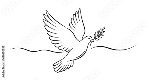 Vector illustration of dove with olive branch flying, symbol of peace