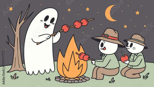 A friendly ghost and two campers enjoy roasting marshmallows over a campfire under a starry night sky with a crescent moon