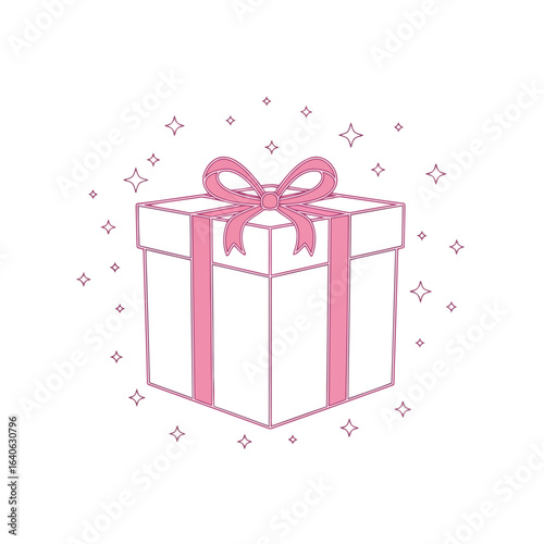 Vector illustration of gift box with pink ribbon and bow isolated on white background