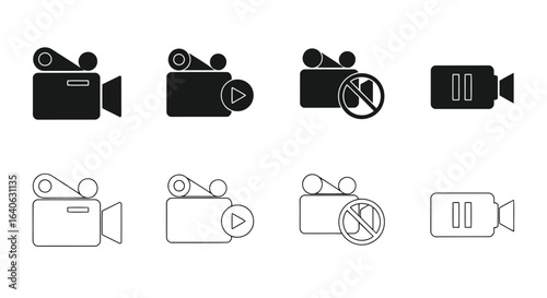 Vector illustration of set of video camera icons with play and stop symbols isolated on white background