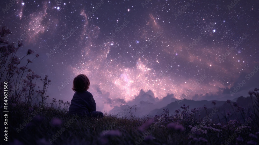 Fototapeta premium Child Gazing at the Milky Way: A Nighttime Scene of Wonder and Serenity