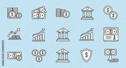 Vector illustration of financial and banking icons with money, growth charts, and bank building
