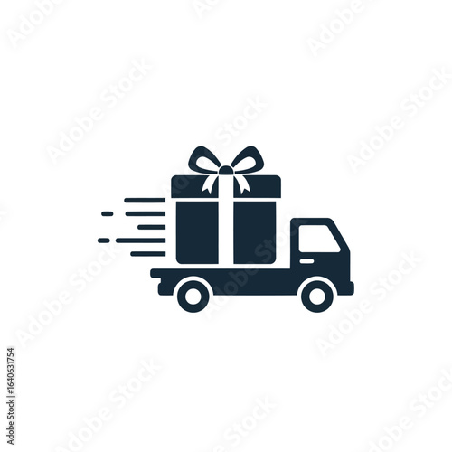 Vector illustration of delivery truck carrying a gift box with a bow, isolated on white background