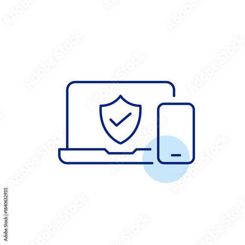Verified device security, trusted laptop and phone protection, secure computing and communication, approved system access. Pixel perfect, editable stroke vector icon