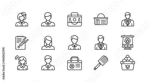 Vector illustration of collection of business people and office icons isolated on white background