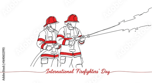 Vector illustration of two firefighters spraying water with a hose on international firefighters day