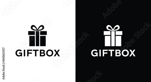 Vector illustration of gift box logo in black and white isolated on white background