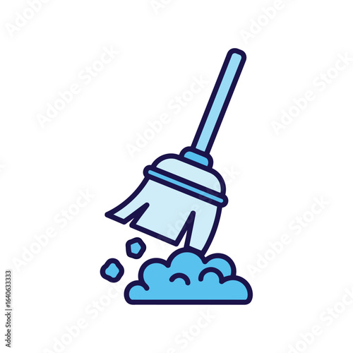 Vector illustration of blue broom sweeping dust isolated on white background