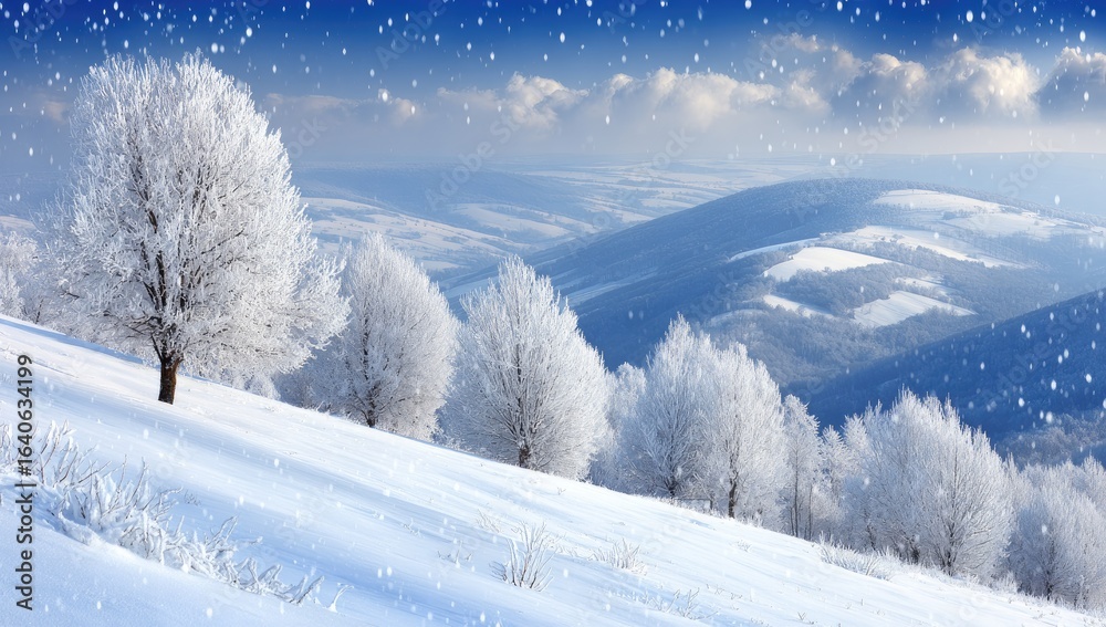Fototapeta premium Winter wonderland landscape. Snow-dusted trees on a hillside, with mountains in the background. Soft light, scattered snowflakes