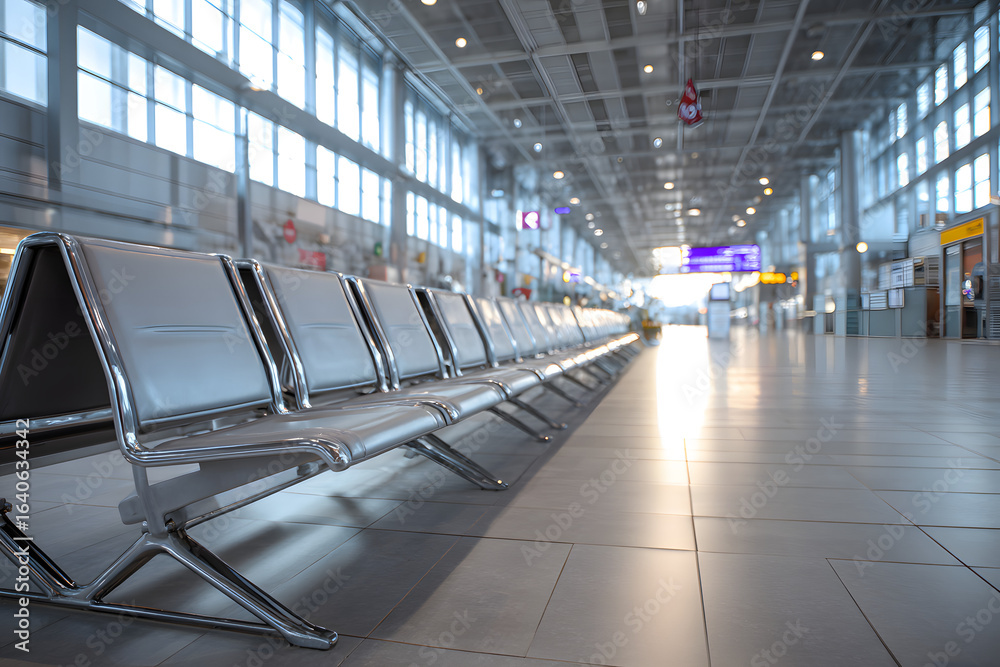 Naklejka premium Empty modern waiting room of a station or airport. self-isolation and travel ban. people do not travel because of the coronavirus and quarantine pandemic.