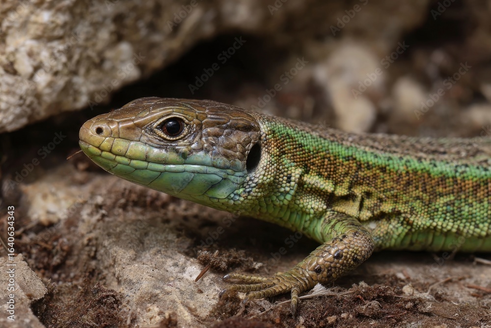 A closeup of a green lizard with yellow and brown markings resting on rocky ground A closeup of a green lizard with yellow and brown markings resting on rocky ground