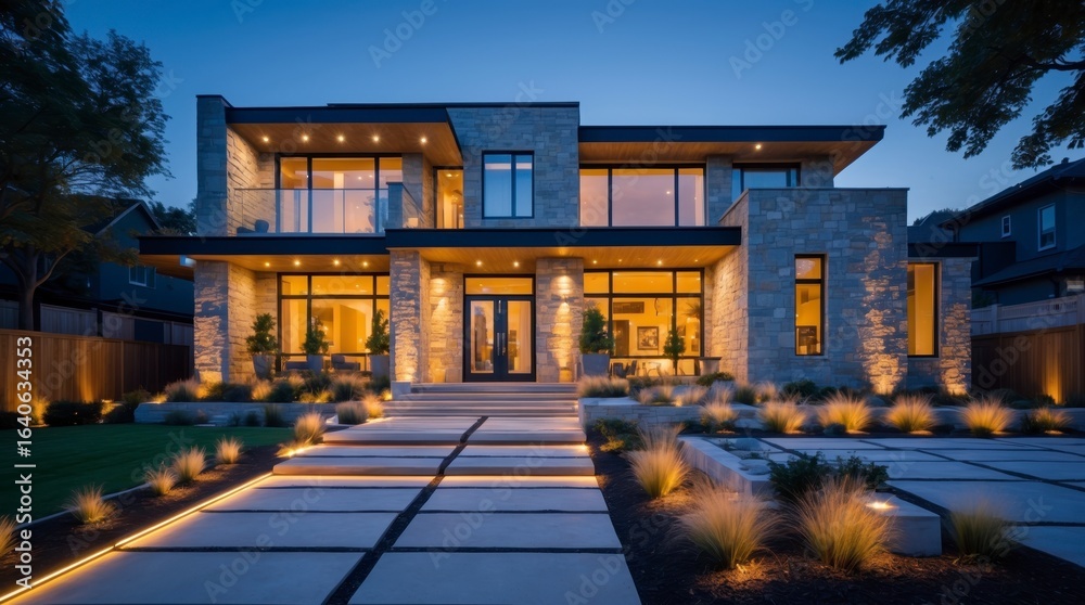 Obraz premium An illuminated modern home with stone facade and elegant landscaping at dusk.