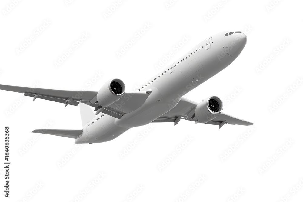Obraz premium White airplane soaring through a clear sky captured mid-flight against a serene backdrop, showcasing its modern design and impressive engineering in the vast blue expanse
