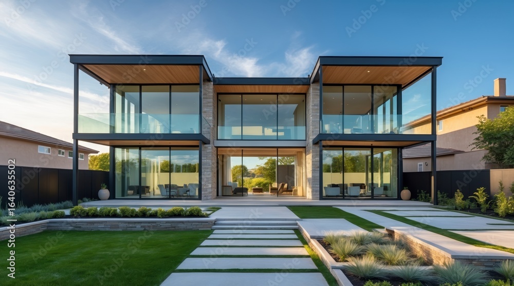 Fototapeta premium Modern home exterior showcases unique architectural design and landscaping.
