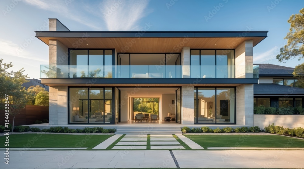 Fototapeta premium Modern architectural design showcases the exterior of a luxury two story home.
