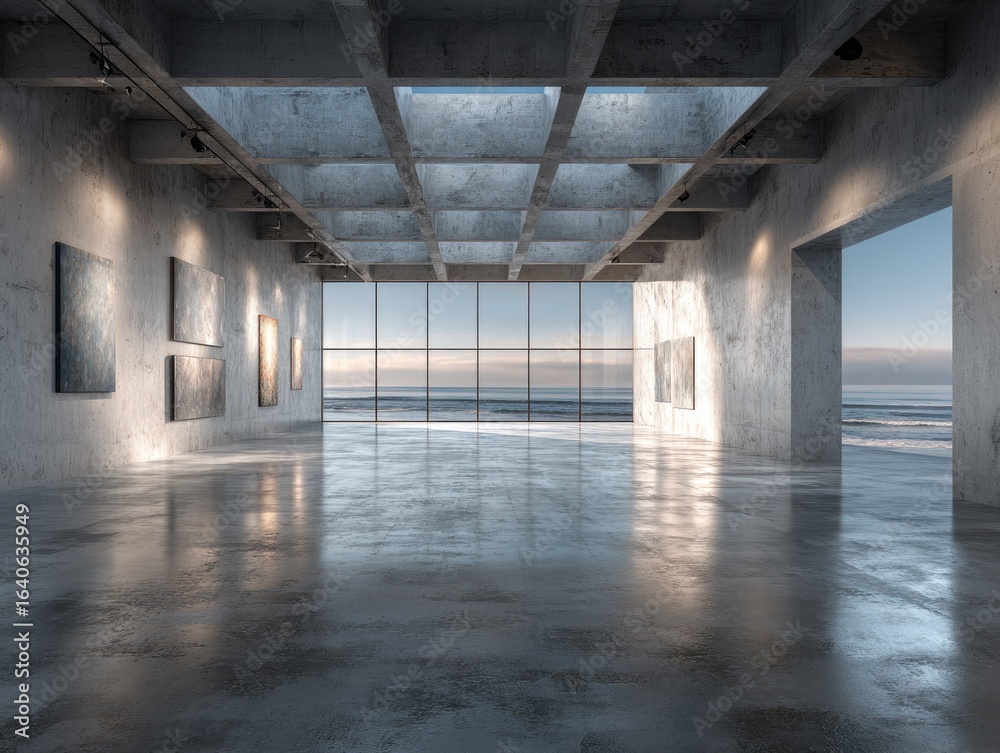 Obraz premium Modern concrete gallery with ocean view