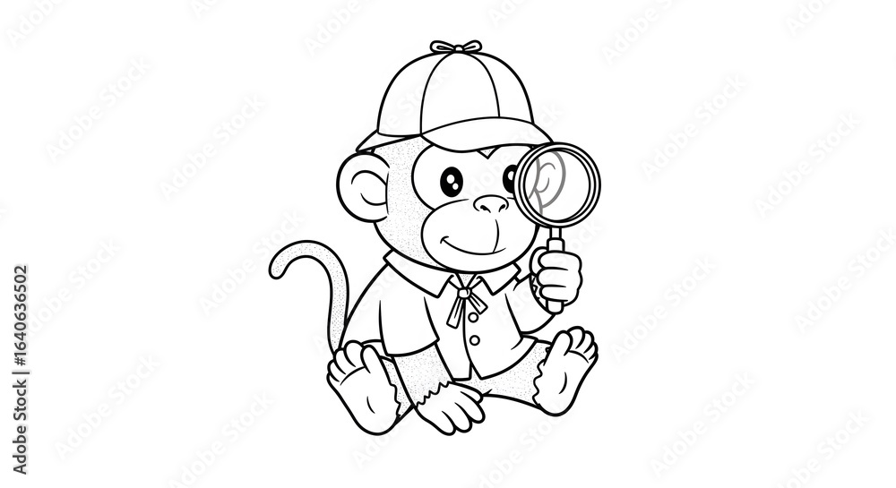 Fototapeta premium Curious Monkey Detective with Magnifying Glass Cartoon Style Illustration.