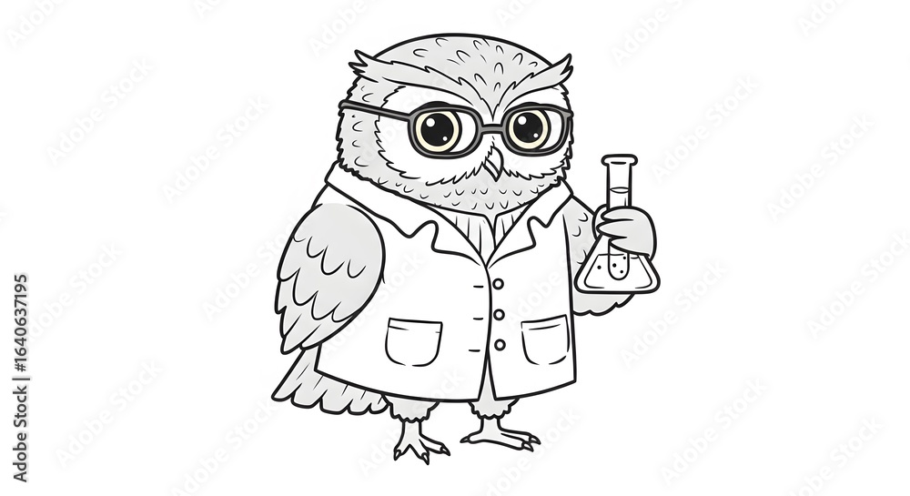 Fototapeta premium Wise Owl Scientist: A Monochrome Illustration of a Spectacled Owl in a Lab Coat Holding Scientific Flask.