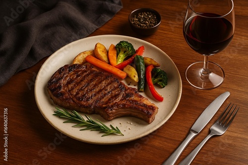 Grilled Ribeye Steak with Roasted Vegetables and Red Wine