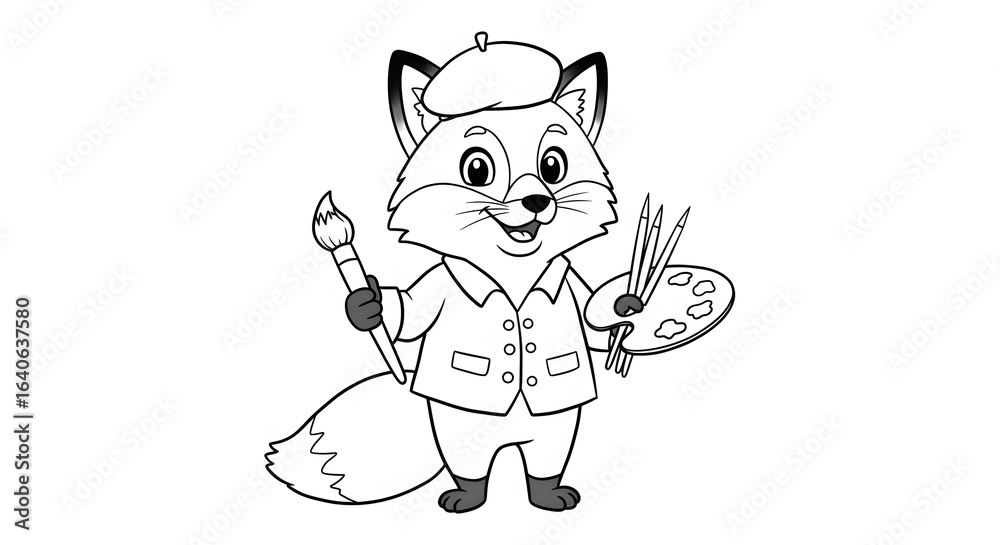 Fototapeta premium Cartoon Fox Artist with Brush Palette and Pencils Smiling Black and White.