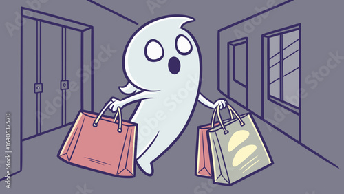 Surprised ghostly shopper carries colorful shopping bags down a hallway with doors and windows