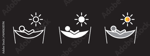 Person in hammock icon collection in black and white and colored style.Person relaxing on hammock icon thin flat outline style vector sign
