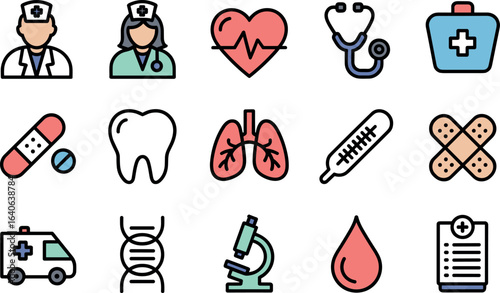 Collection of medical icons representing healthcare professions and tools