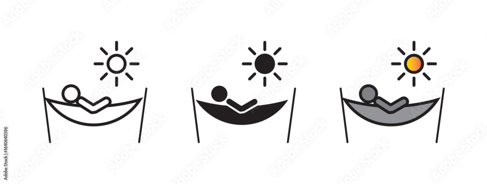 Naklejka premium Person in hammock icon collection in black and white and colored style.Person relaxing on hammock icon thin flat outline style vector sign