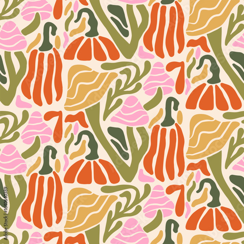 Fall Matisse illustration. Art Nouveau landscape panorama with Autumn Pumpkins and Mushrooms. Tile seamless pattern in groovy 60s 70s vibes. 