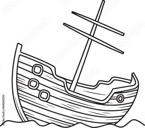 sinking wooden sailing ship on wavy water silhouette line art illustration stock photos royalty free image premium quality
